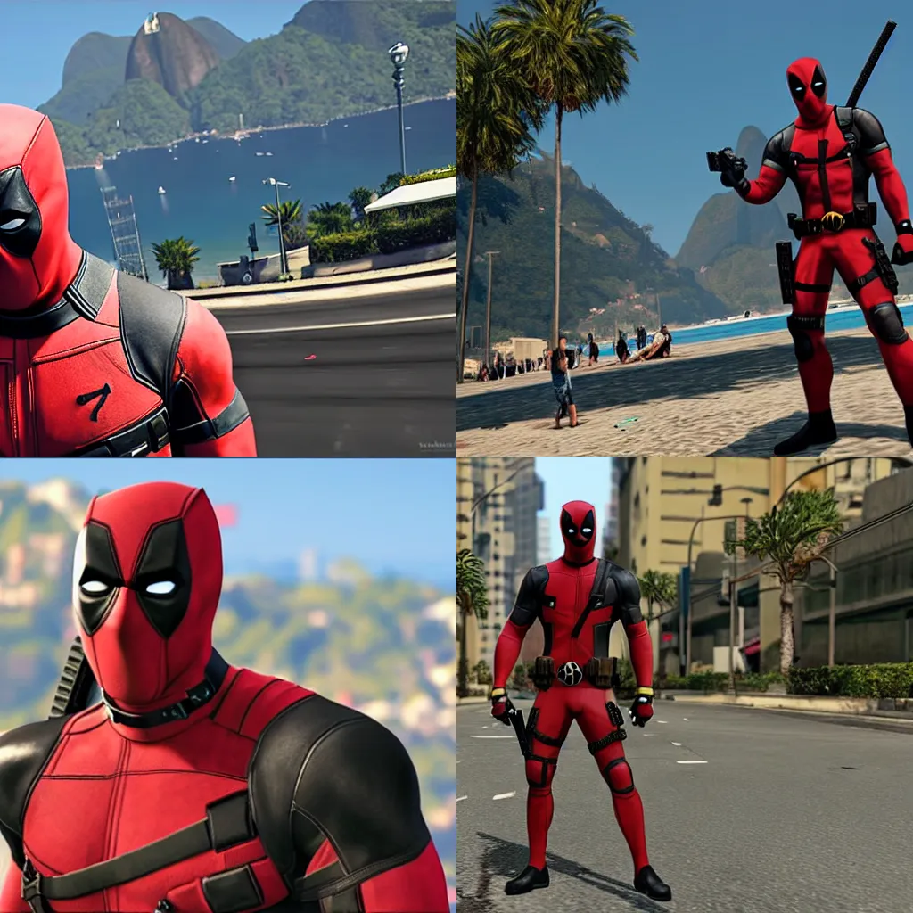 Prompt: Deadpool in Rio de Janeiro in GTA V, high definition, detailed