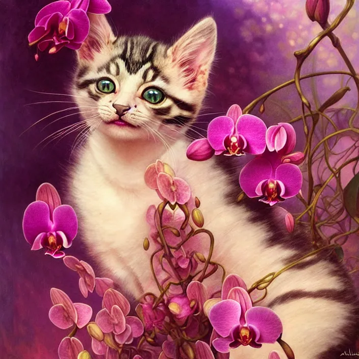 Prompt: psychedelic kitten made of orchid, diffuse lighting, fantasy, intricate, elegant, highly detailed, lifelike, photorealistic, digital painting, artstation, illustration, concept art, smooth, sharp focus, art by John Collier and Albert Aublet and Krenz Cushart and Artem Demura and Alphonse Mucha