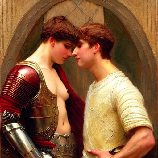 Image similar to attractive fully clothed arthur pendragon confesses his love for his attractive fully clothed male knight. highly detailed painting by gaston bussiere and j. c. leyendecker 8 k