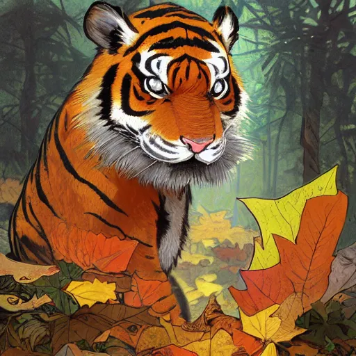 Prompt: a highly detailed portrait of cartoon tiger, leaf fan, small fires and sun, autumn leaves on the ground, concise lines, ultradetailed environment, sharp focus, cinematic lighting, character art, 8 k, by alphonse maria mucha and kim jung gi