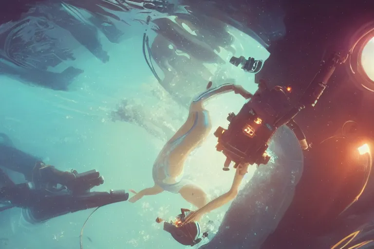 Image similar to astronaut underwater in the ocean at night, volumetric lighting, glowing lights, 4k, octane, digital painting, artstation, concept art, sharp focus, illustration, art by artgerm and greg rutkowski and alphonse mucha