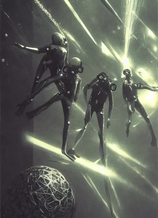 Image similar to astronauts divers in dark void underwater - complex and hyperdetailed technical suit design. reflection and dispersion materials. rays and dispersion of light. volumetric light. f / 3 2. noise film photo. flash photography. ultra realistic, 5 0 mm. poster by wayne barlowe, hajime sorayama aaron horkey, craig mullins