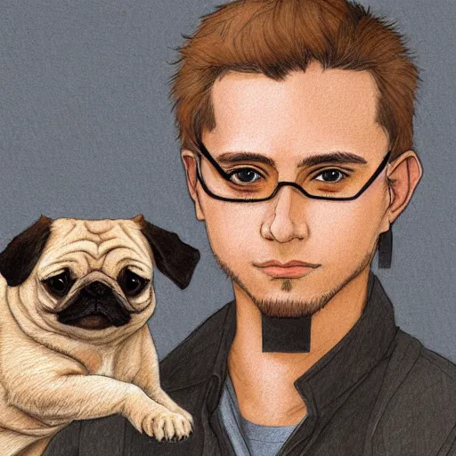 Image similar to self portrait, young white hispanic handsome man with short light brown hair and light skin and a 5 o clock shadow, holding a pug for a picture, pencil art, added detail, high definiton, colored, backfacing, illustrated by yoji shinkawa