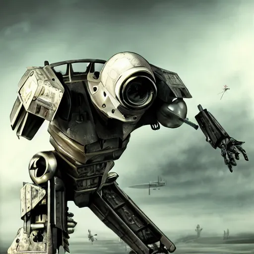 Image similar to anthropomorphic futuristic war robot - fighter killing a man - photographer, full body, clean background, photorealistic, detailed,