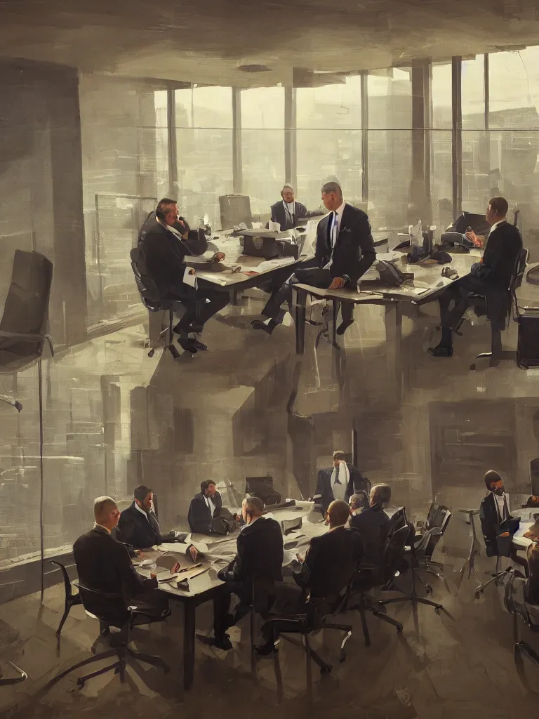 Image similar to a portrait of men in suits with tie sitting on a large table and discussing the world in a painting from stalenhag, 4 k, 8 k, hdr, artstation, concept art