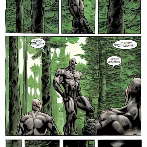 Image similar to A 15 foot tall, muscular, bald, smooth, extremely pale androgenous humanoid with a perfectly symmetrical face, dressed in black body armour, in the background is a dense and foggy forest of trees. High contrast, comic book,