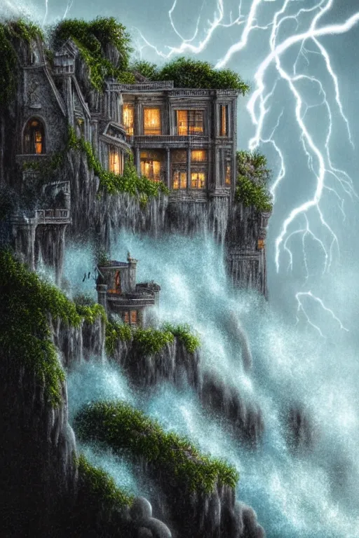 Prompt: Ultra Realistic Hyper detailed Fantasy view of a Haunted Mansion overlooking the cliffs edge where ocean waves are crashing during a lightning storm.