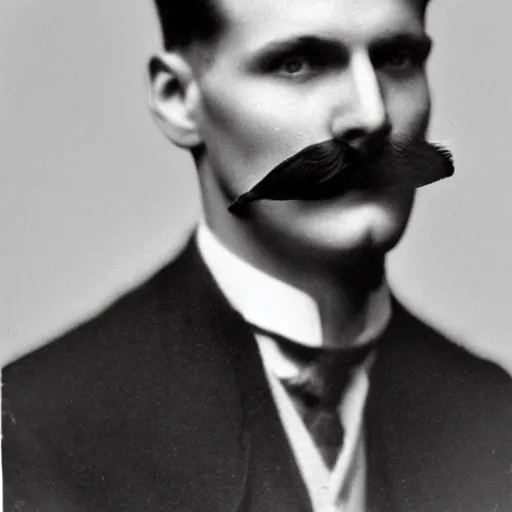 Image similar to A photograph portrait of Jerma985 with short hair and a 1910s mustache in the early 1910s, taken in the early 1910s, grainy, taken on a early 1900s Kodak Camera, realistic, hyperrealistic, very realistic, highly detailed, very detailed, extremely detailed, detailed, digital art, trending on artstation