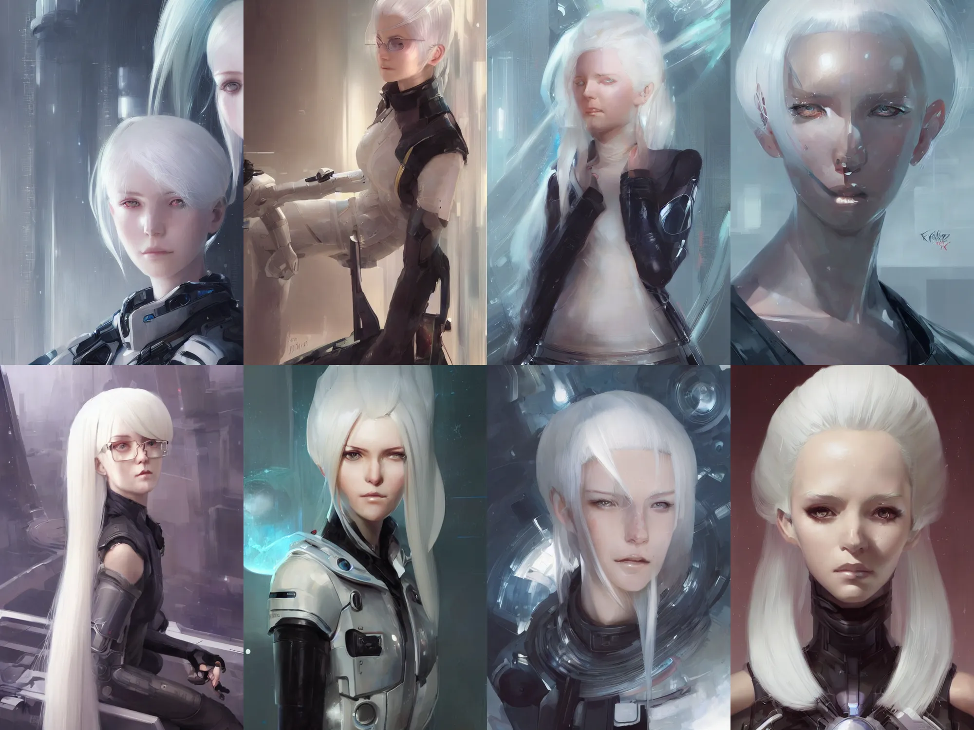 Prompt: a portrait of a android scientist girl with white hair by krenz cushart and stephan martiniere