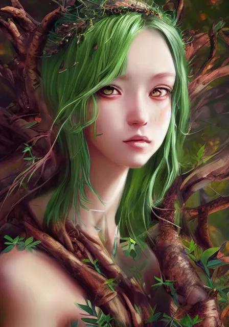 Image similar to A realistic anime portrait of a beautiful dryad twins with glowing green eyes and tree bark skin wearing clothes made of leaves, digital painting, by Stanley Artgerm Lau, Sakimichan, WLOP and Rossdraws, digtial painting, trending on ArtStation, SFW version