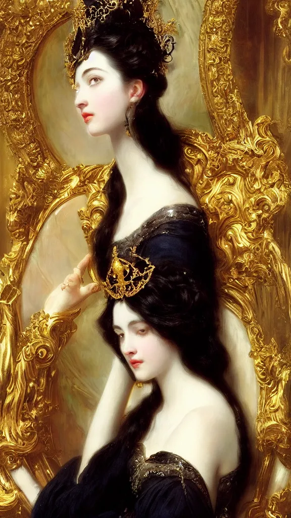 Image similar to a beautiful black haired woman with pale skin and a crown on her head sitted on an intricate metal throne by franz xaver winterhalter and delphin enjolras and rebecca guay