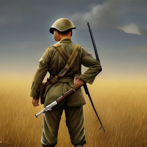 Prompt: a Japanese soldier from WW2 holding a rifle, standing in a field, high detail digital painting by Karl Kopinski and Frank Frazetta, trending on artstation, masterpiece, 4k wallpaper