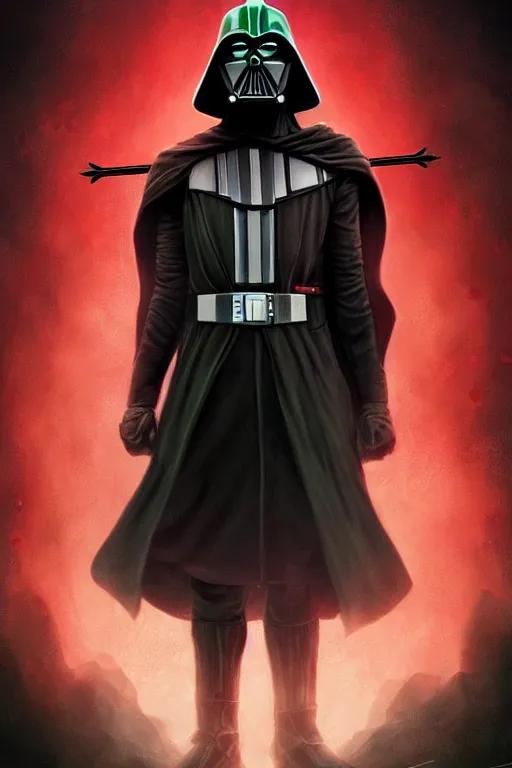 Image similar to characters portrait of Darth Sith mixed with Green Arrow by ArtGerm and Tom Bagshaw, merged character, Full body shot, cinematic opening shot, 4k, highly detailed, cinematic lighting