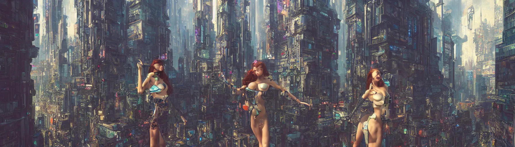 Image similar to a big life-like hologram of a beautiful young woman in the middle of the city centre of a futuristic cyberpunk city, street view, Warhammer, highly detailed, artstation, illustration, art by Gustav Klimt