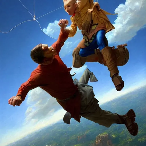 Image similar to a flying man catching a child that is falling from a cliff. photorealistic. realism. 4 k wideshot. cinematic. unreal engine. masterpiece. rule of thirds. beautiful. marc simonetti. jc leyendecker