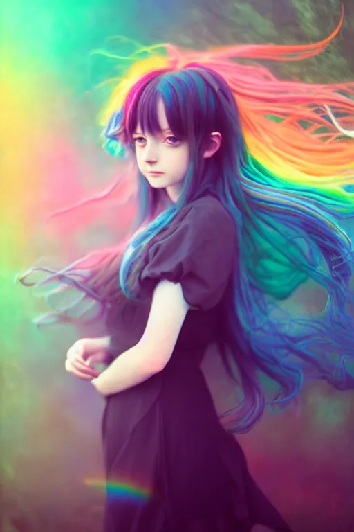 Prompt: pre-raphaelite cute anime girl with dark rainbow, blurred detail, photo by Annie Leibovitz, Anton Fadeev