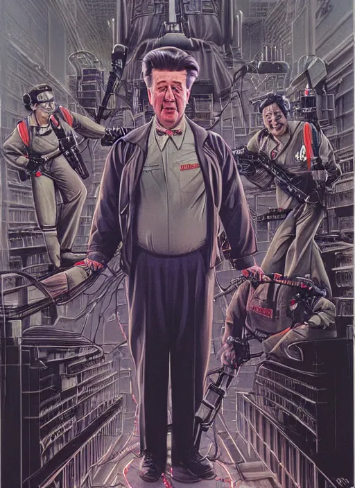 Image similar to portrait of david lynch in ghostbusters ( 1 9 8 4 ), highly detailed, centered, solid color background, digital painting, artstation, concept art, smooth, sharp focus, illustration, donato giancola, joseph christian leyendecker, les edwards, ed repka, wlop