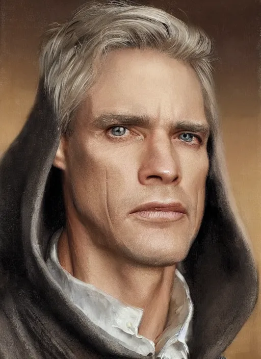 Image similar to a clean shaven man aged 4 0 with tousled blonde hair and hazel eyes and a friendly expression. he is handsome and wearing a grey cloak. head and shoulders portrait painting by greg rutkowski and raymond swanland.