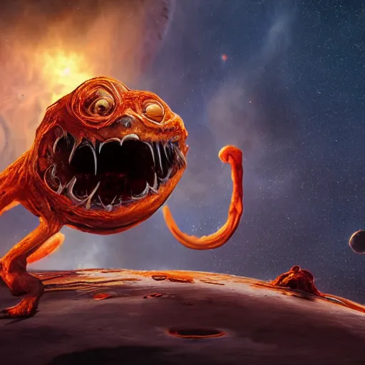 Image similar to eldritch horror bloody garfield in space, hd, 8 k, giant, epic, realistic photo, unreal engine, stars, prophecy, powerful, cinematic lighting, destroyed planet, debris, violent, sinister, ray tracing, dynamic, epic composition, dark, horrific, teeth, grotesque, monochrome drawing, hellscape