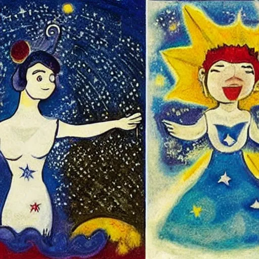 Image similar to The land art features a woman with wings made of stars, surrounded by a blue and white night sky. The woman is holding a staff in one hand, and a star in the other. She is wearing a billowing white dress, and her hair is blowing in the wind. cubic zirconia, Pokémon by Marc Chagall, by Wilfredo Lam monumental, threatening