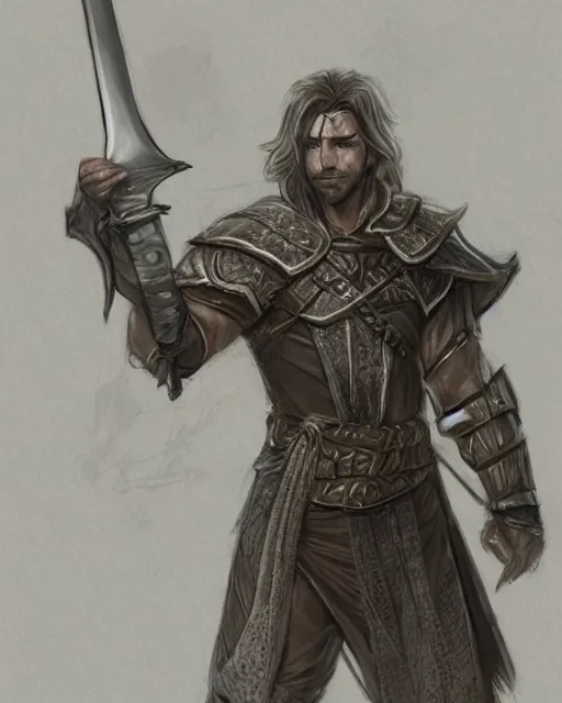 Image similar to a pencil concept art of a D&D character, holding a sword