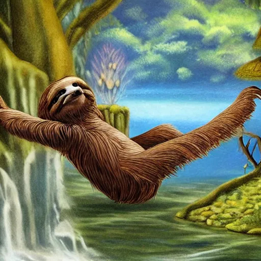 Prompt: a fantasy artwork of a sloth floating down stream