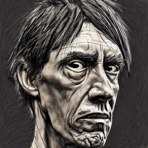 Image similar to a realistic yet scraggly portrait sketch of the side profile of a stern and sophisticated iggy pop, trending on artstation, intricate details, in the style of frank auerbach, in the style of sergio aragones, in the style of martin ansin, in the style of david aja, in the style of mattias adolfsson