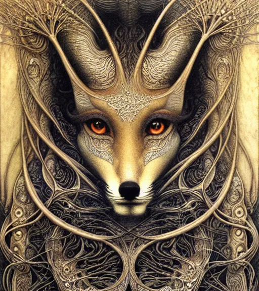 Image similar to detailed realistic beautiful fox goddess face portrait by jean delville, gustave dore, iris van herpen and marco mazzoni, art forms of nature by ernst haeckel, art nouveau, symbolist, visionary, gothic, neo - gothic, pre - raphaelite, fractal lace, intricate alien botanicals, ai biodiversity, surreality, hyperdetailed ultrasharp octane render