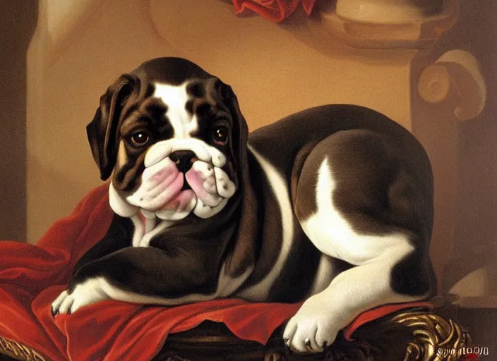 Prompt: baroque rococo painting The Fancy Royal Bulldog portrait Greg Hildebrandt high detail cute puppy