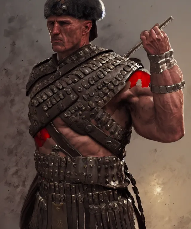 Image similar to muscular roman soldier with a white cross in the chest by simon bisley, dale keown and greg rutkowski, full body armor! vivid color scheme, unreal engine 5