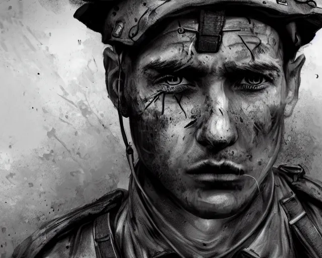 Prompt: A soldier in despair in a world war 1 trench, close-up, realistic face, beautiful face detail, mature facial features, black and white, amazing digital art, hyper detailed, artstation, in the style of Tony Sart