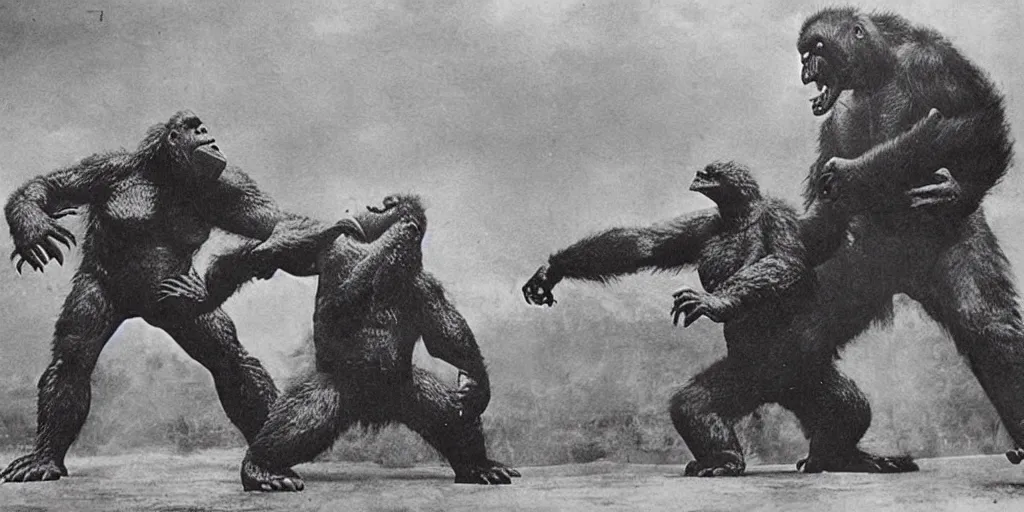 Prompt: “Godzilla fighting King Kong, 1900’s photo”