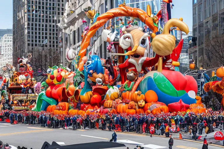 Prompt: photo of giant parade float designed by bosch in the macys thanksgiving parade, detailed 4 k photo