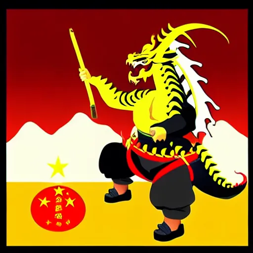 Image similar to Chinese president, battle, bananas weapon, dragon, mountains background, fighting stance, painting