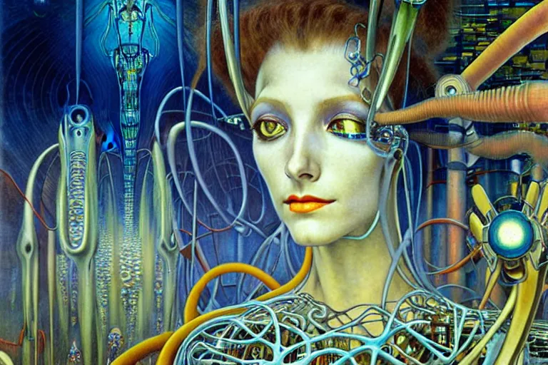 Prompt: realistic extremely detailed portrait closeup painting of a ghost woman with supercomputer robot, futuristic sci-fi city on background by Jean Delville, Amano, Yves Tanguy, Alphonse Mucha, Ernst Haeckel, Edward Robert Hughes, Roger Dean, rich moody colours, blue eyes