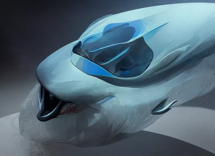 Image similar to beautiful concept design of a car that looks almost like a fish, shark or a whale. car design by cory loftis, fenghua zhong, ryohei hase, ismail inceoglu, ruan jia, henrik fisker, bruce kaiser, scott robertson, dmitry mazurkevich, doruk erdem, and jon sibal. volumetric light