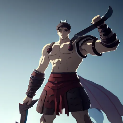 Prompt: strong muscular warrior with a greatsword and wearing plate armor, square masculine facial features, short messy hair, intimidating appearance, 3 d octane render, unreal engine 5, ultra high detail, cel shaded, trending on pixiv fanbox, by greg rutkowski makoto shinkai takashi takeuchi studio ghibli, akihiko yoshida