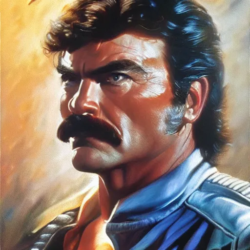 Image similar to ultra realistic portrait painting of tom selleck as han solo, art by frank frazetta, 4 k, ultra realistic, highly detailed, epic lighting