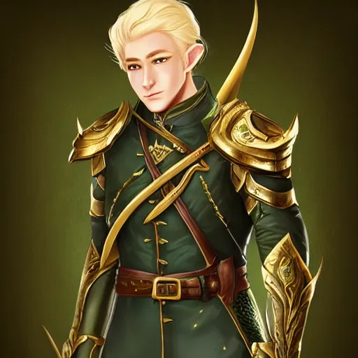 Image similar to Portrait of a handsome blonde elven ranger in green and gold jacket with a crossbow. In style of Hyung-tae Kim, concept art, trending on ArtStation, Korean MMORPG.