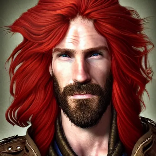 Image similar to portrait of a ruggedly handsome!!!!! male captain with long red hair!!!!!!, upper body, wavey hair, leather coat, friendly, Steampunk airship!!!!!!!, D&D, hairworks, Unreal 4, fantasy, simple clothing!!!!, elegant, highly detailed, digital painting, hairworks, deviantart, artstation, concept art, sharp focus, dramatic lighting, illustration, art by Artgerm and Greg Rutkowski and Alphonse Mucha