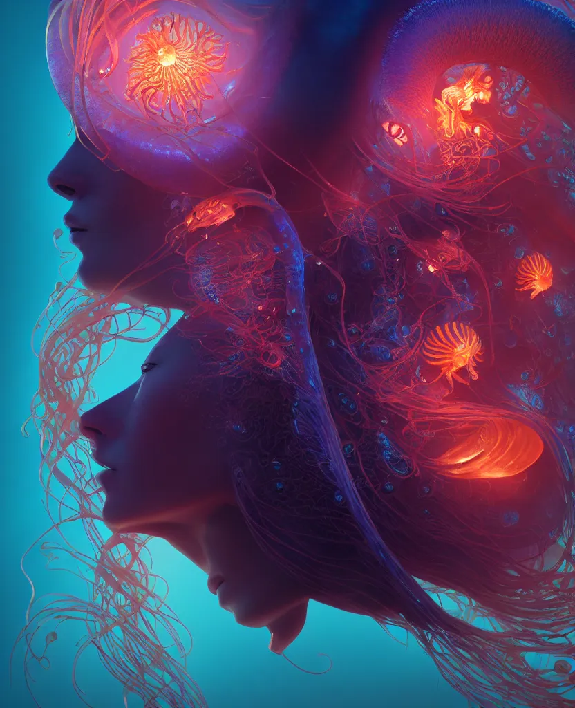 Image similar to goddess close-up portrait. orchid jellyfish phoenix head, nautilus, skull, betta fish, bioluminiscent creatures, intricate artwork by Tooth Wu and wlop and beeple. octane render, trending on artstation, greg rutkowski very coherent symmetrical artwork. cinematic, hyper realism, high detail, octane render, 8k