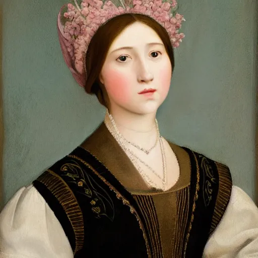 Image similar to portrait of a young lady pink cheeks wearing renaissance dress pale grey and white flowers in the style of renaissance oil painting background renaissance paintings with gold