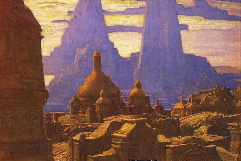 Image similar to ancient city by the sea by Annie Swynnerton and Nicholas Roerich and jean delville, strong dramatic cinematic lighting , ornate painted architecture, lost civilizations, smooth, sharp focus, extremely detailed