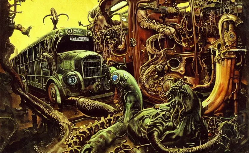 Image similar to cthulhu devouring a steampunk school bus. highly detailed science fiction painting by norman rockwell, frank frazetta, and syd mead. rich colors, high contrast, gloomy atmosphere, dark background. trending on artstation