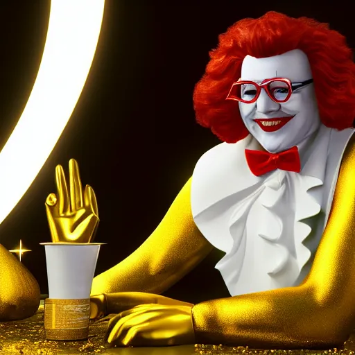 Image similar to a still of ronald mcdonald surrounded by gold and diamonds, award - winning, photograph, 3 d render, unreal engine, 4 k detailed