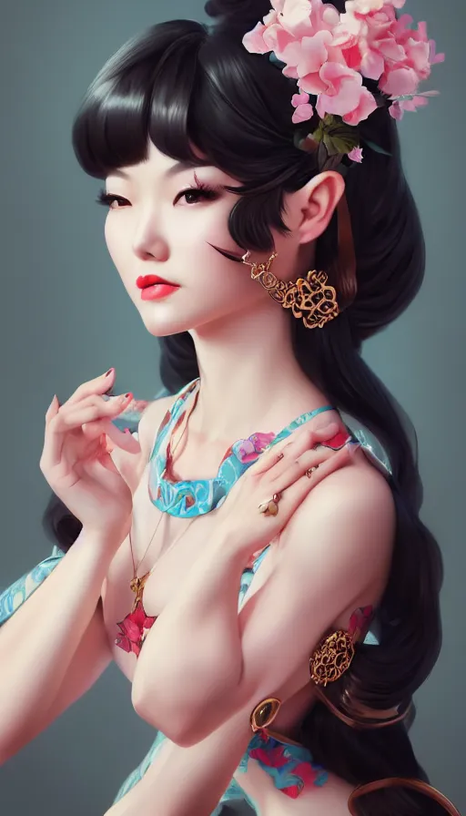 Image similar to a pin up and beautiful fashion and charming and dreamlke asian girl, lv jewelry, art by artgerm & jeehyung lee & wlop, hyperdetailed, 8 k realistic, symmetrical, frostbite 3 engine, cryengine, dof, trending on artstation, digital art