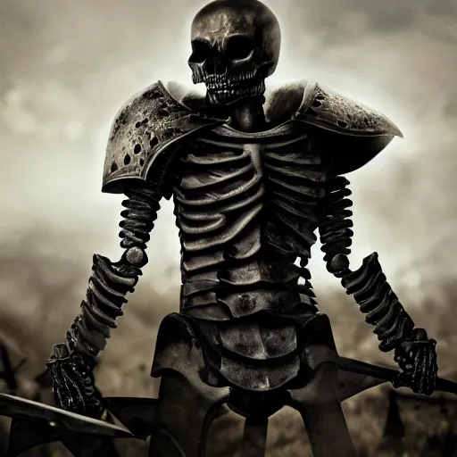 Prompt: in the style of shannon perry, a skeleton knight in black full plate armor standing on the battlefield surrounded by dead bodies, golden hour, shallow depth of field, moody lighting, 8 k, concept art,