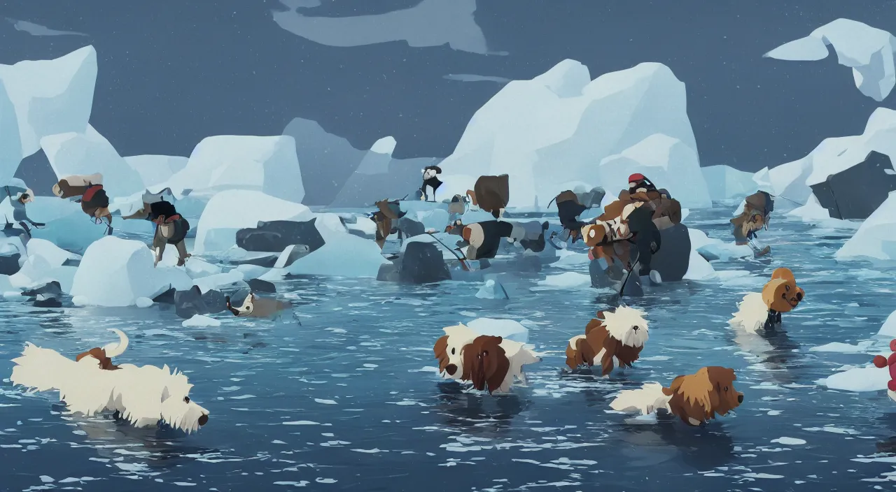 Image similar to havanese dogs dragging arctic explorers by their clothes from the water, 1 9 0 0, tartakovsky, atey ghailan, goro fujita, studio ghibli, rim light, scary, afternoon lighting, clear focus, very coherent