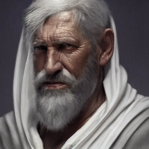 Prompt: portrait of an old man with long gray beard and a blind eye with a scar and him wearing a white cape with a hood on, Matte painting , detailed painting, made by Greg Rutkowski, 4k, atmospheric