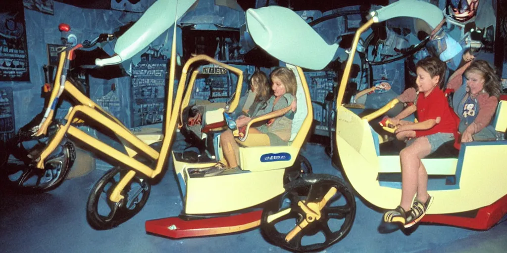 Image similar to 1990s photo of inside the E.T. ride at Universal Studios in Orlando, Florida, riding the flying bike with E.T. , cinematic, UHD